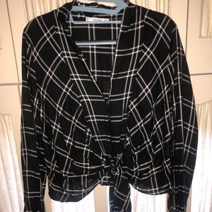 Mango black plaid long-sleeve top with knot center